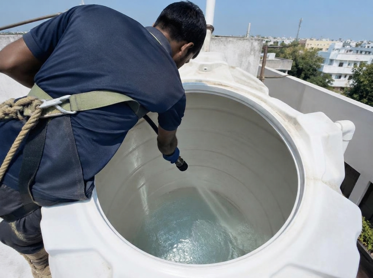 Rinsing an overhead tank after cleaning