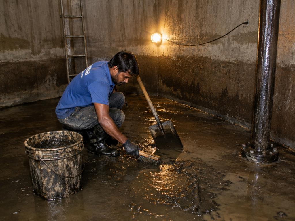 Scrubbing sludge from the sump floor